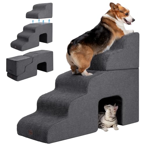 Dog Stairs for High Beds with Tunnel, 5-Step Dog Steps for Small Dogs and Cats, Foldable Pet Stairs for High Bed Climbing, Non-Slip Balanced Pet Step Indoor, Dark Grey
