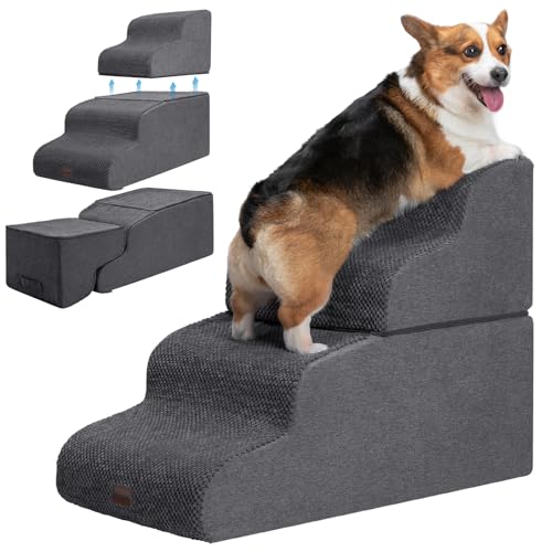 Dog Stairs for High Beds, 4-Step Dog Steps for Small Dogs and Cats, Foldable Pet Stairs for High Bed Climbing, Non-Slip Balanced Pet Step Indoor, Dark Grey