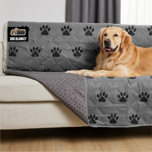 GORILLA GRIP Waterproof Dog Blanket, 68x82 Couch Cover for Dogs Washable, Protects Sofa, Furniture, Crate, Car, RV Essentials Pet Supplies, Tear and Slip Resistant Leakproof Cushion Cover, Gray Paw