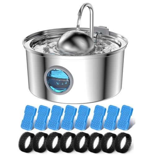 AONBOY Cat Water Fountain with 16 Filters, 108oz/3.2L Cat Fountain Stainless Steel, Includes 8 Carbon Filters and 8 Sponge Filters, Faucet Shape Dog Water Fountain, Double Noise Reduction Design