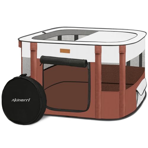 Dog Playpen - Foldable Cat Play Pens for Pubby, Kitten, Rabbit, Portable Pet Tent with Carring Bag for Indoor/Outdoor Travel Camping (Brown-Large)