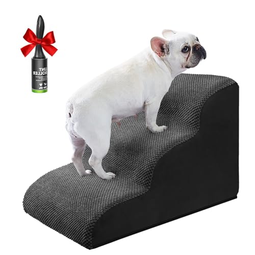 Ryoizen Dog Stairs for Small Dogs, Dog Steps for Bed Couch, Extra-Wide High Density Foam Dog Ramp Ladder for Dog, Cat, Small Pets, Waterproof Non-Slip 3 Tiers Pet Stairs, Gifts Lint Roller for Dogs