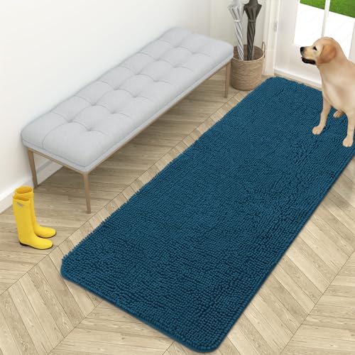 OLANLY Dog Door Mat for Muddy Paws 59x24, Absorbs Moisture and Dirt, Absorbent Non-Slip Washable Doormat, Quick Dry Chenille Mud Mat, Entry Indoor Entryway Carpet for Inside Floor, Atlantic Blue