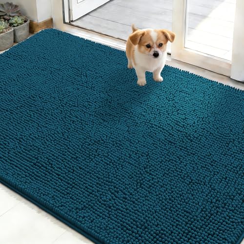 OLANLY Dog Door Mat for Muddy Paws 48x30, Absorbs Moisture and Dirt, Absorbent Non-Slip Washable Doormat, Quick Dry Chenille Mud Mat, Entry Indoor Entryway Carpet for Inside Floor, Atlantic Blue