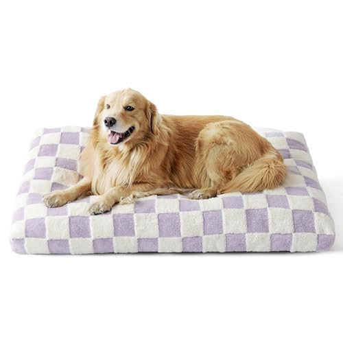 Lesure Extra Large Dog Bed-Thick Shredded Chopped Foam Pet Bed Indoor with Removable Cover, Cute Modern Fuzzy Plush & Anti Slip Bottom, Purple