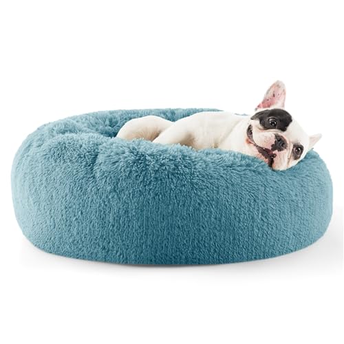 Bedsure Calming Dog Bed for Small Dogs - Donut Washable Small Pet Bed, 23 inches Anti-Slip Round Fluffy Plush Faux Fur Large Cat Bed, Fits up to 25 lbs Pets, Washed Blue