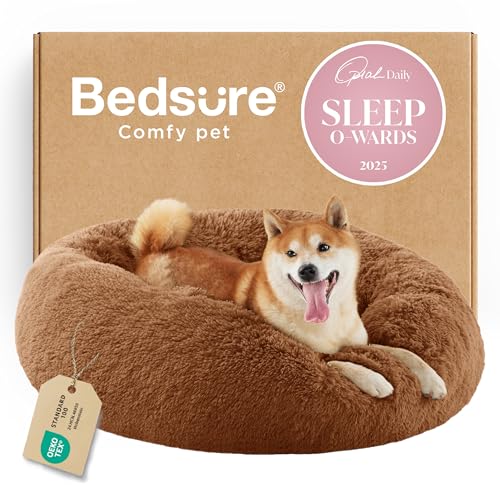 Bedsure Calming Dog Bed for Medium Dogs - Donut Washable Medium Pet Bed, 30 inches Anti-Slip Round Fluffy Plush Faux Fur Cat Bed, Fits up to 45 lbs Pets, Copper
