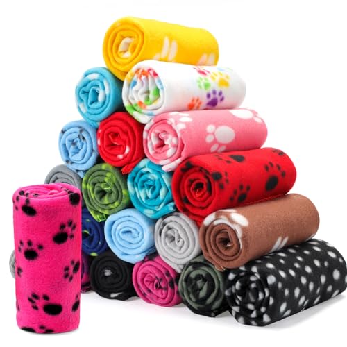 Eccliy 20 Pcs Puppy Blanket Pet Soft Fleece Dog Blankets Warm Felt Throw Sleep Mat Bed Covers for Doggie Puppy Pet Dogs Cat, 20 Styles(39 x 35 Inch,Paw)