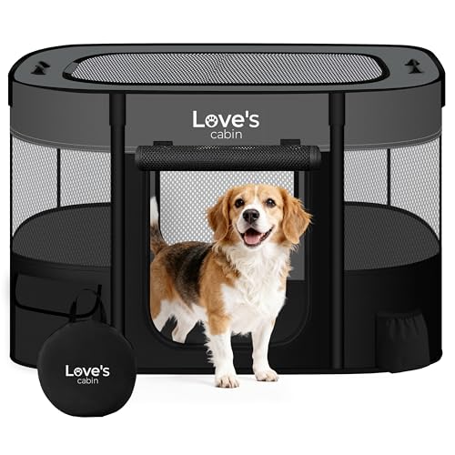 Love's cabin Pet Puppy Dog Playpen, Large Dog Tent Crates Cage Indoor/Outdoor, Portable Exercise Playpen for Dog and Cat, Foldable Pop Up Dog Kennel Playpen with Carring Case (L, Grey)