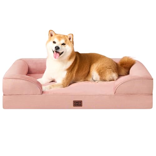 EHEYCIGA Orthopedic Dog Beds for Large Dogs, Waterproof Memory Foam Large Dog Bed with Sides, Non-Slip Bottom and Egg-Crate Foam Pet Couch Bed with Washable Removable Cover, Dusty Pink