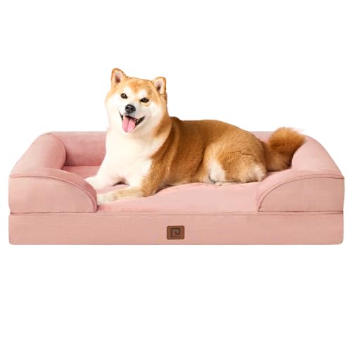 EHEYCIGA Orthopedic Dog Beds for Large Dogs, Waterproof Memory Foam Large Dog Bed with Sides, Non-Slip Bottom and Egg-Crate Foam Pet Couch Bed with Washable Removable Cover, Dusty Pink