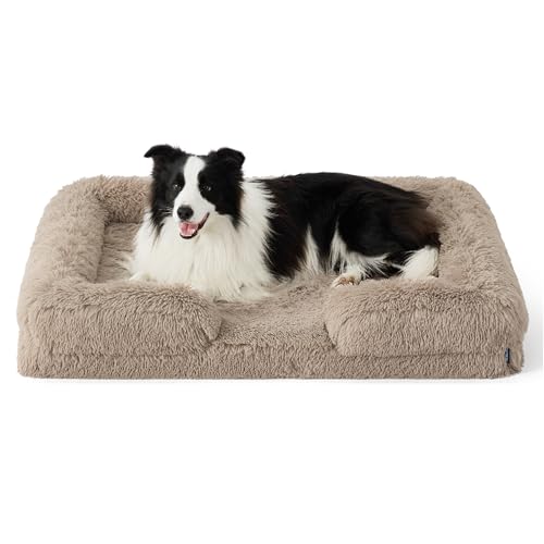 Bedsure Orthopedic Dog Beds Large Sized Dog - Washable Large Dog Cat Bed Waterproof, Comfort Dogs Couch Sofa with Washable Removable Cover, Pet Bed with Nonskid Bottom, Long Faux Fur-Taupe, 35"