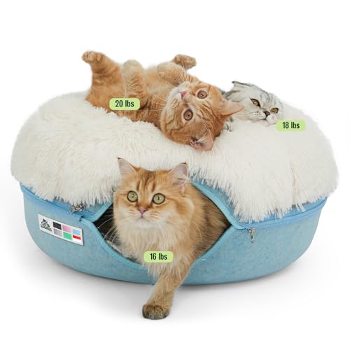 CATTASAURUS Peekaboo Cat Cave for Multiple & Large Cats Up to 30-45 Lbs, Fluffy Cat Beds for Indoor Cats, Scratch Detachable & Washable Tunnel Bed, Comfy Donut Cave (Blue, Large (Calming))