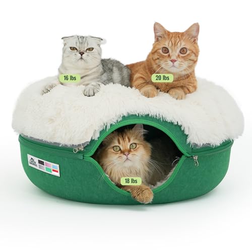 CATTASAURUS Peekaboo Cat Cave for Multiple & Large Cats Up to 30-45 Lbs, Fluffy Cat Beds & Furniture, Scratch Detachable & Washable Tunnel Bed, Comfy Donut Bed (Forest Green, Large (Calming))