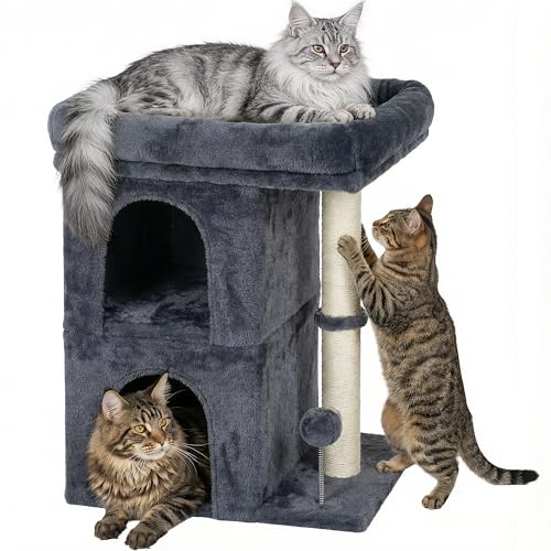 24in Cat Tree Tower with Scratching Post, 19 * 16.5in Window Perch Bed for Large Adult Cats, 2 Small Condo Cubbies for Indoor Kittens, Dark Gray