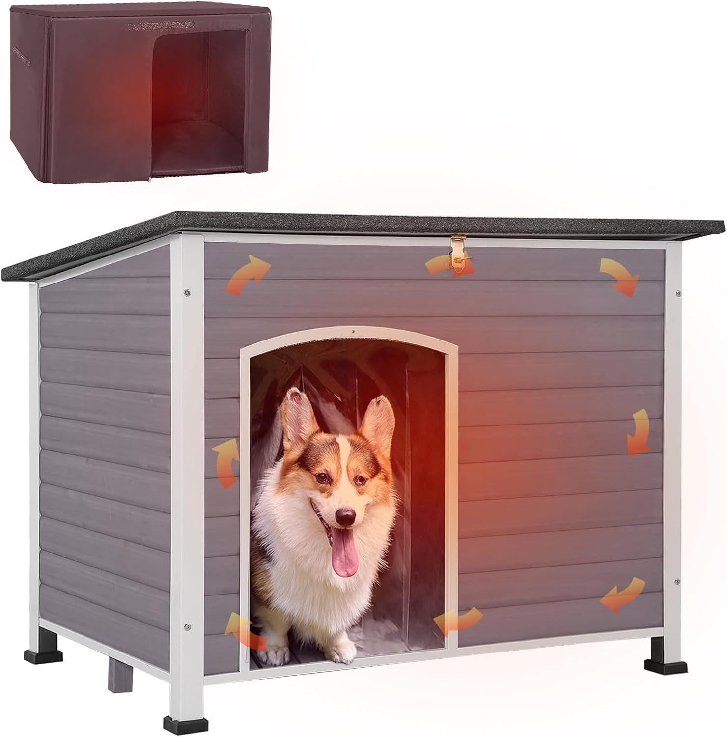 GUTINNEEN Dog House Insulated Outdoor Dog Kennel with Liner for Winter (Grey and White)