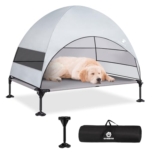 Elevated Dog Bed with 2024 Newest Canopy, Raised Outdoor Dog Bed with Powerful Anti-Slip Feet, Portable Pet Bed Cot with Larger Shade, Raised Large Dogs Cooling Bed for Camping, Indoor & Outdoor