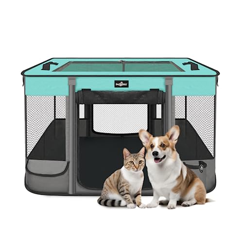 Foldable Pet Kitten Playpen, Waterproof Portable Cat Dog Playpen Kennel Tent for Small Dog Cat, Retractable Shade Cover, Come with Free Carrying Case, Indoor Outdoor Use for Small Animals, BlackTeal