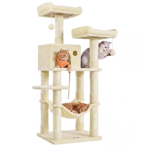 Feandrea Cat Tree, 56.3-Inch Cat Tower for Indoor Cats, Multi-Level Cat Condo with 11 Scratching Posts, 2 Perches, Cave, Hammock, Beige UPCT15BE
