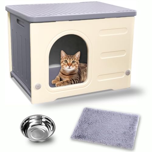 Plastic Cat House for Outdoor Indoor Use, Stackable Feral Cat Shelter Indoor Cat House Insulated Weatherproof Waterproof Elevated with Cat Food Bowl & Cushion(Gray)