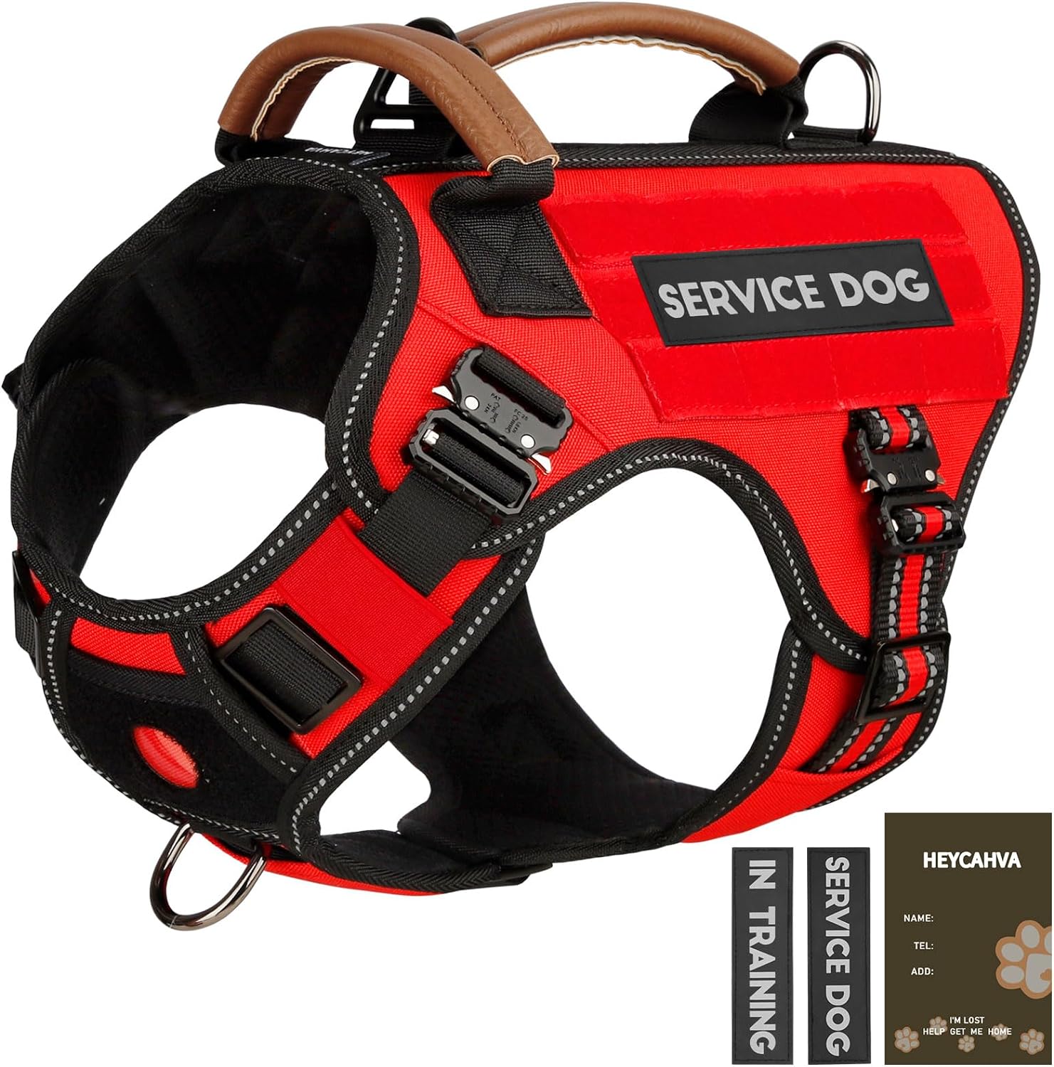 Tactical Dog Harness - HEYCAHVA Service Dog Vest Full Metal Buckles Dog Vest for Medium Large Dog Reflective No Pull Dog Harnesses Vest with Leather Handle, Hook & Loop for Hiking Training (Red, M)