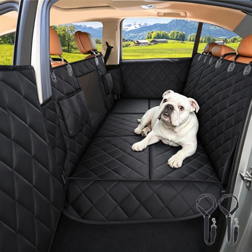 Back Seat Extender for Dogs + 2 Dog Seat Belts, Waterproof Heavy Duty Hard Bottom Car Seat Cover for Dogs with Door Protector Cover & Mesh Window | Dog Hammock for Car Pet Seat Protector for Car/Suv