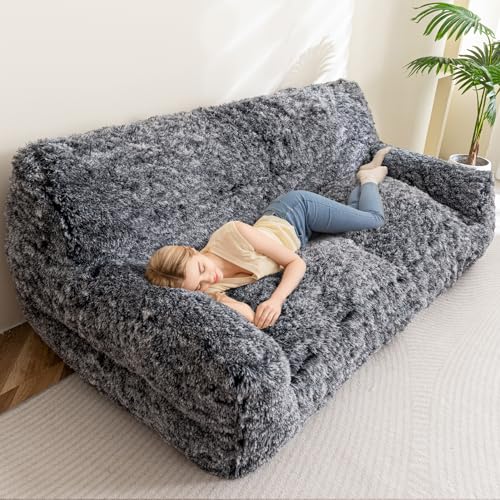 HIGOGOGO Giant Human Dog Sofa Bed, Big Comfy Floor Sofa Couch for Pet Families with Foam Chunk Supportive Mat, Fluffy Faux Fur Orthopedic Dog Bed for Human, XXXL Size, Black White