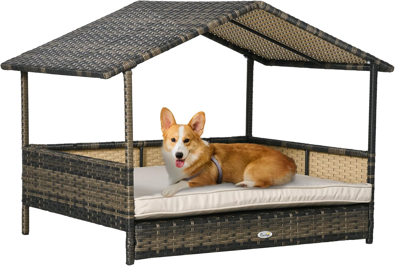 PawHut Wicker Dog House Outdoor with Canopy, Rattan Dog Bed with Water-Resistant Cushion, Raised Pet Bed for Small, Medium Breeds up to 66 lbs, 20" in Length, Brown Wicker, Khaki Cushion