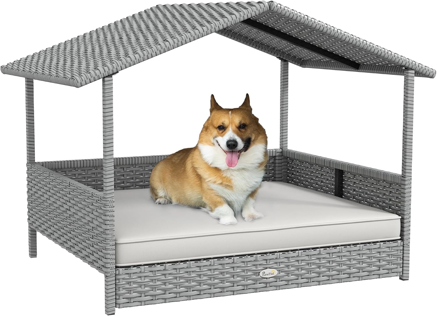 PawHut Silver Wicker Dog House with Canopy