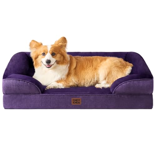 EHEYCIGA Orthopedic Dog Beds for Large Dogs, Waterproof Memory Foam Large Dog Bed with Sides, Non-Slip Bottom and Egg-Crate Foam Pet Couch Bed with Washable Removable Cover, Purple