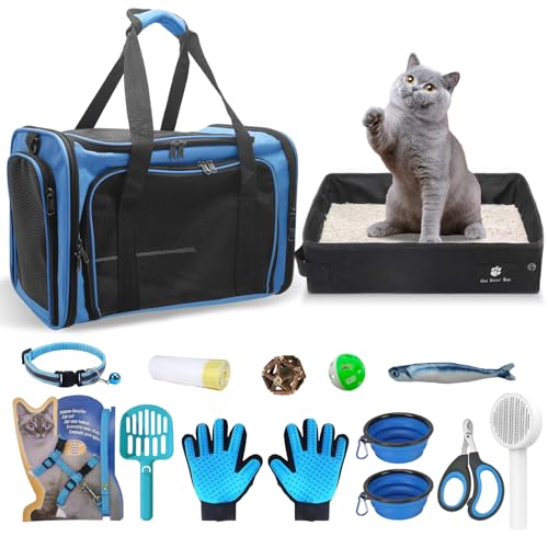 Pet Carrier Bag Soft-Sided & Portable Cat Travel Litter Box, 15pcs Cat Stuffs Included in, Pet Nail Clipper, Brush, Bowls, Harness and Leash, Collar, Gloves, Catnip Toys