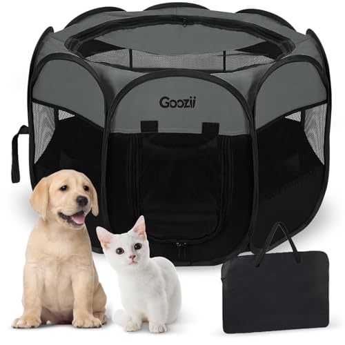 Portable Dog Playpen for Large Dogs, Collapsible Puppy Pet Cat Playpen with Zipper Top Cover (Large Size, Grey-Black)