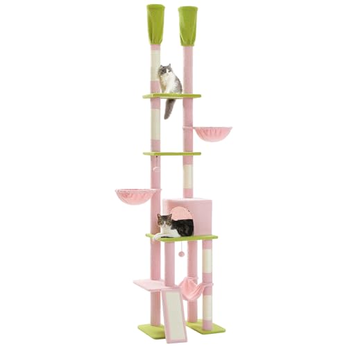 PAWZ Road Pink Cat Tree, Floor to Ceiling Cat Tower with Adjustable Height(85-112 Inches), 7 Tiers Climbing Activity Center with Cozy Hammocks, 5 Platforms and Scratching Posts for Indoor Cats-Pink
