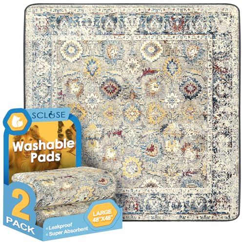 Washable Pee Pads for Dogs Large 2 Pack, 48" x 48" Reusable Puppy Pads Waterproof Dog Rugs, Super Absorbent, Leakproof, Dog Crate Pad, Playpen Mat, Whelping Pads, Vintage