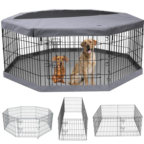 PETIME Foldable Metal Dog Exercise Pen/Pet Puppy Playpen Kennels Yard Fence Indoor/Outdoor 8 Panel 24" W with Top Cover and Bottom Pad (Playpen+Bottom+Top Cover, 8 Panels 24" H)