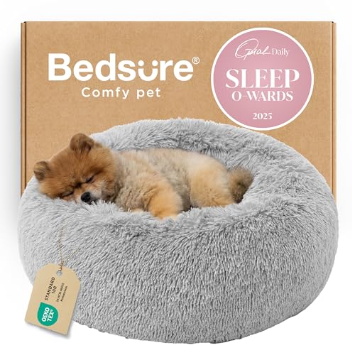 Bedsure Calming Dog Bed for Small Dogs - Donut Washable Small Pet Bed, 23 inches Anti-Slip Round Fluffy Plush Faux Fur Large Cat Bed, Fits up to 25 lbs Pets, Pale Grey