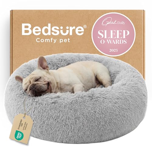Bedsure Calming Dog Bed for Medium Dogs - Donut Washable Medium Pet Bed, 30 inches Anti-Slip Round Fluffy Plush Faux Fur Cat Bed, Fits up to 45 lbs Pets, Pale Grey
