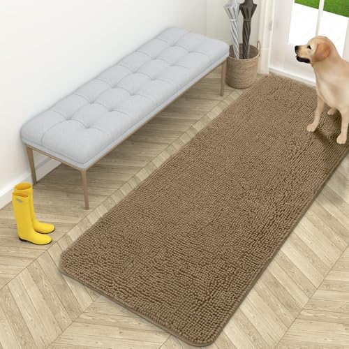 OLANLY Dog Door Mat for Muddy Paws 59x24, Absorbs Moisture and Dirt, Absorbent Non-Slip Washable Doormat, Quick Dry Chenille Mud Mat for Dogs, Entry Indoor Entryway Carpet for Inside Floor, Tan
