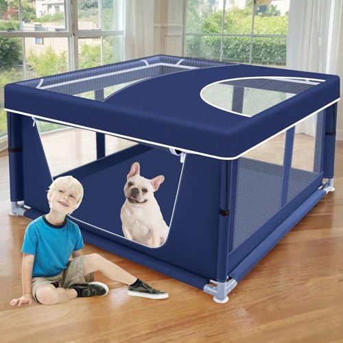 42x42x25.6 Inch Puppy Playpen with Cover, Dog Playpen for Puppies or Small Dogs, Pet Fence for Indoor & Outdoor, Sturdy Safety DogPen with Thickened Fabric, High-Strength Nylon Wire Mesh, Blue