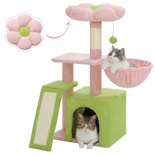 PETEPELA Flower Cat Tree for Indoor Cats, 32'' Small Cat Tower Cat Condo with Sisal Scratching Ramp, Cozy Hammock and Removable Flower Bed Perch for Kittens, Pink