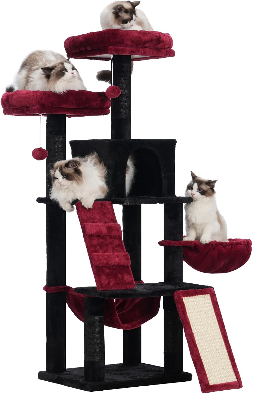 Heybly Cat Tree, Gothic Cat Tower for Indoor Cats, Multi-Level Cat Furniture Condo for Cats with Padded Plush Perch, Cozy Basket and Scratching Board, Black and Red HCT014BR