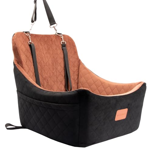 Dog Car Seat for Medium Sized Dog,Pet Travel Car Bed with Seat Belt Channle,Fully Detachable and Washable Car Dog Seat with Adjustable Straps,3 Straps Easy to Install (Black/Brown)