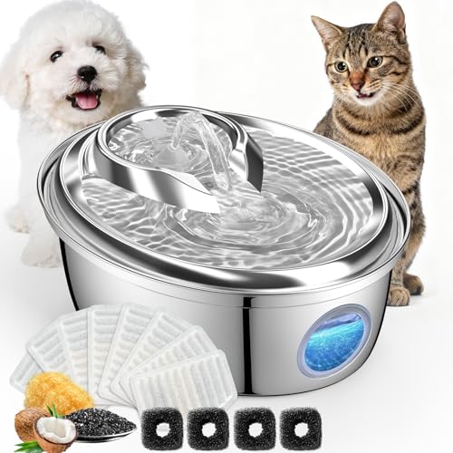 ORSDA Stainless Steel Cat Water Fountain, 100oz/3L Automatic Pet Drinking Fountain, Dog Water Dispenser Bowl with LED Window for Cats and Small & Medium Dogs- 12Pcs Filters( D66