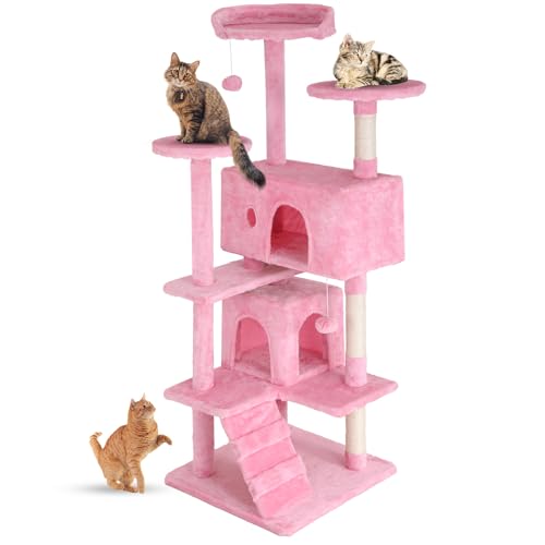 FDW Cat Tree 54in Cat Tower Multi-Level Durable Cat Scratching Post & Cozy Fun Cat Jumping Platform Space Saving Cat Condo Pet Play House for Indoor Cats,Pink