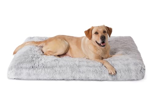 Bedfolks Plush Dog Crate Pad, Washable Faux Fur Kennel Bed for XXL Dogs, Waterproof, 47"x29", Grey