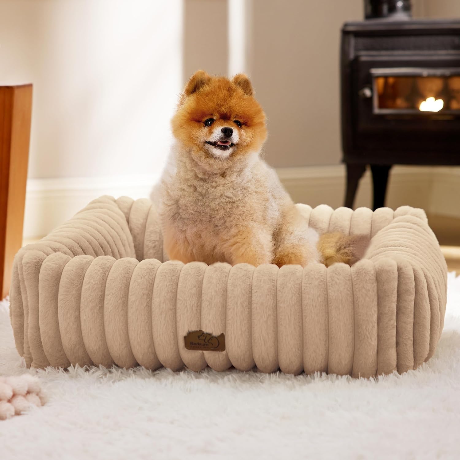 Bedsure Cute Dog Bed for Small Medium Dogs - Washable Furry Puppy Beds, Rectangle Orthopedic Corduroy Fleece Pet Beds with Removable Zipper Cover, 25x21x7inches,Sandy Beige