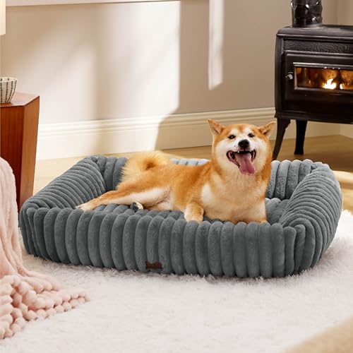 Bedsure Cute Dog Bed for Large Dogs - Washable Furry Puppy Beds, Rectangle Orthopedic Corduroy Fleece Pet Beds with Removable Zipper Cover, 36x27x8inches, Warm Grey