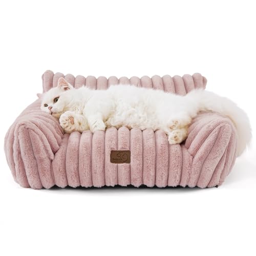Bedsure Cute Cat Couch for Pets - Fluffy Cat Sofa with Premium Soft Corduroy Fleece, Fuzzy Pet Couch Bed with Removable Washable Cover, Supportive Chair for Indoor Cats, 24inch, Blush Pink
