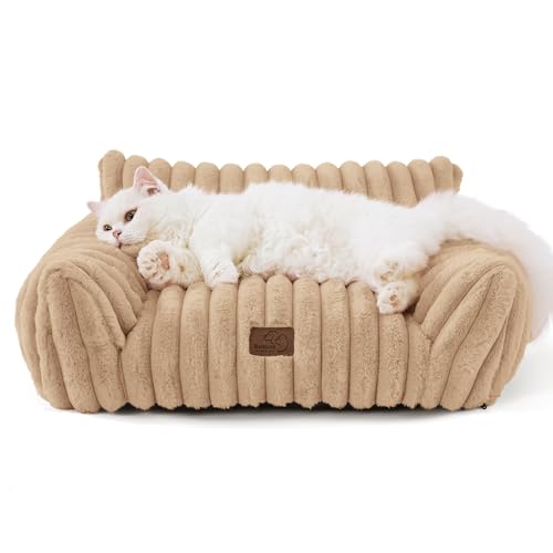Bedsure Cute Cat Couch for Pets - Fluffy Cat Sofa with Premium Soft Corduroy Fleece, Fuzzy Pet Couch Bed with Removable Washable Cover, Supportive Pet Chair for Indoor Cats, 24inch, Tuscan Beige