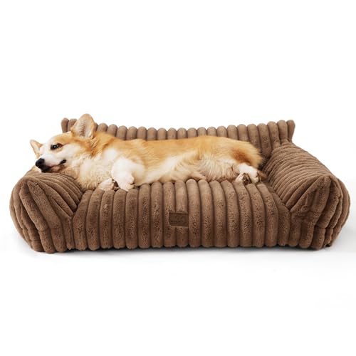 Bedsure Cute Dog Couch for Pets - Fluffy Dog Sofa with Premium Soft Corduroy Fleece, Pet Couch Bed with Washable Cover, Supportive Pet Sofa Bed for Medium Large Dogs, 36in, Copper Brown